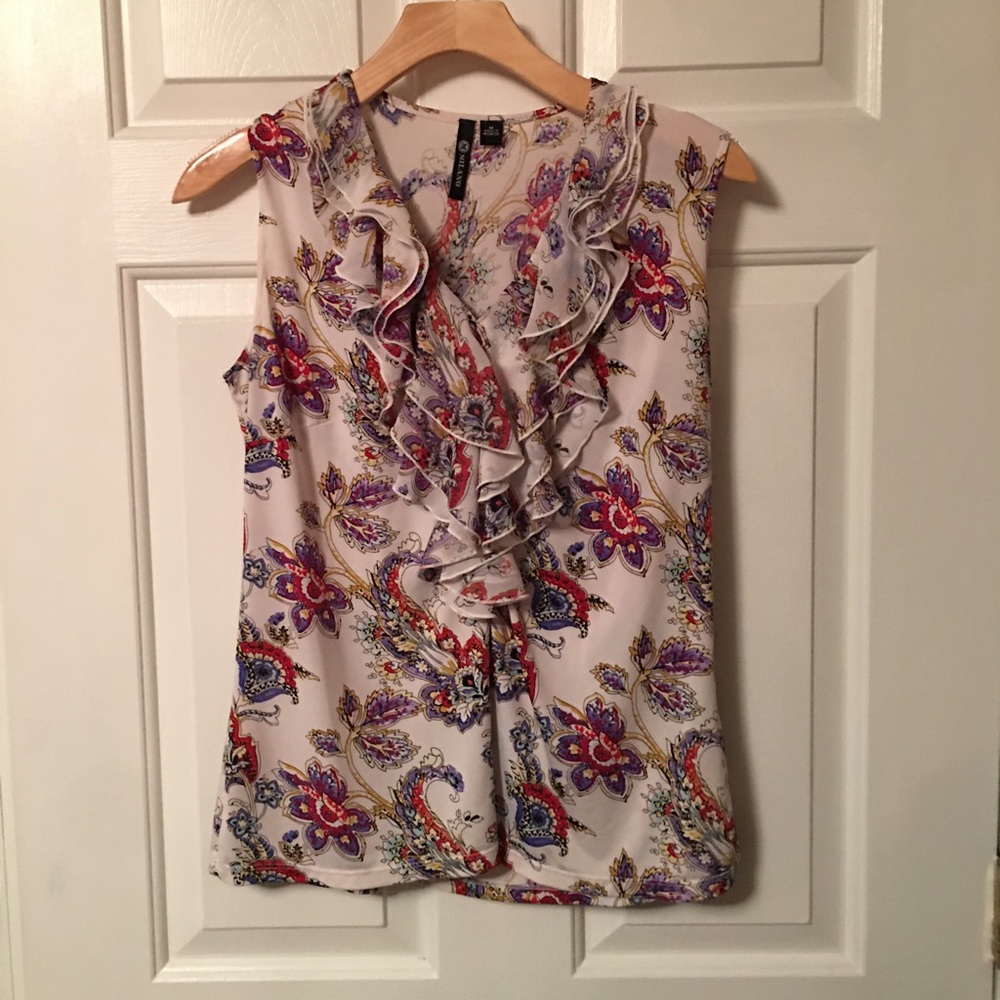 Women’s Sleeveless Ruffled Pleated Plunging V-neck Blouse Paisley Print Sz Small